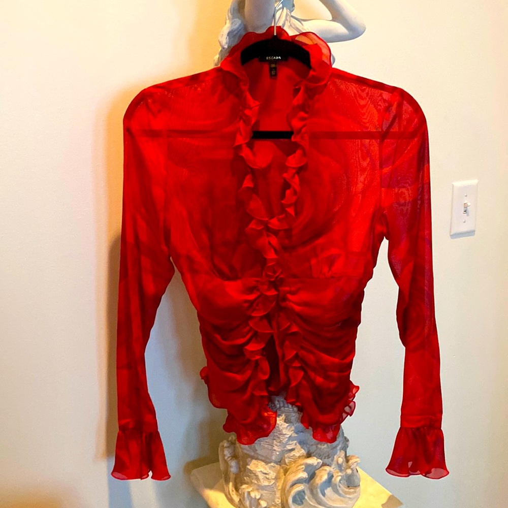 Escada Red Ruffled Sheer Blouse🌹🍒♥️